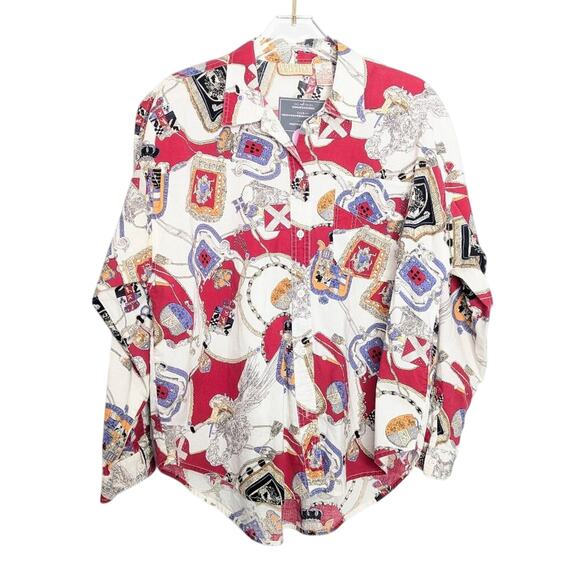 Vintage 90's Long Sleeve Royal Crest Shield Pattern Button Up Shirt White Pink - Picture 1 of 9